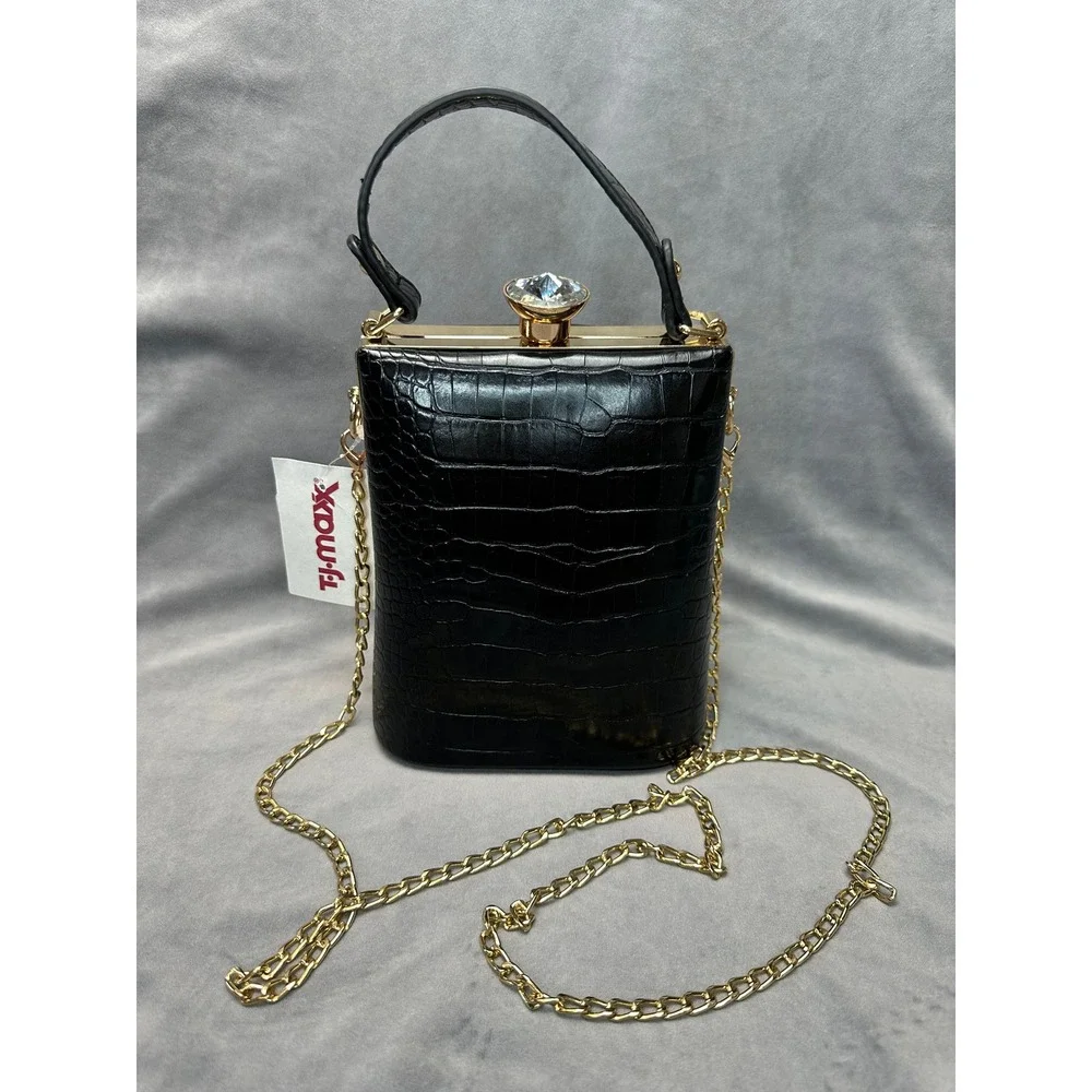 NWT Box Clutch Bag Black Croc Embossed Small Evening‎ Wedding Party